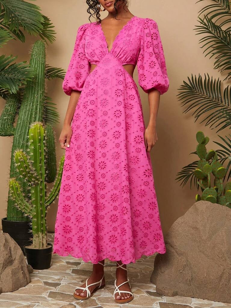 Vestido Longo Rosa Decote em V Guiana