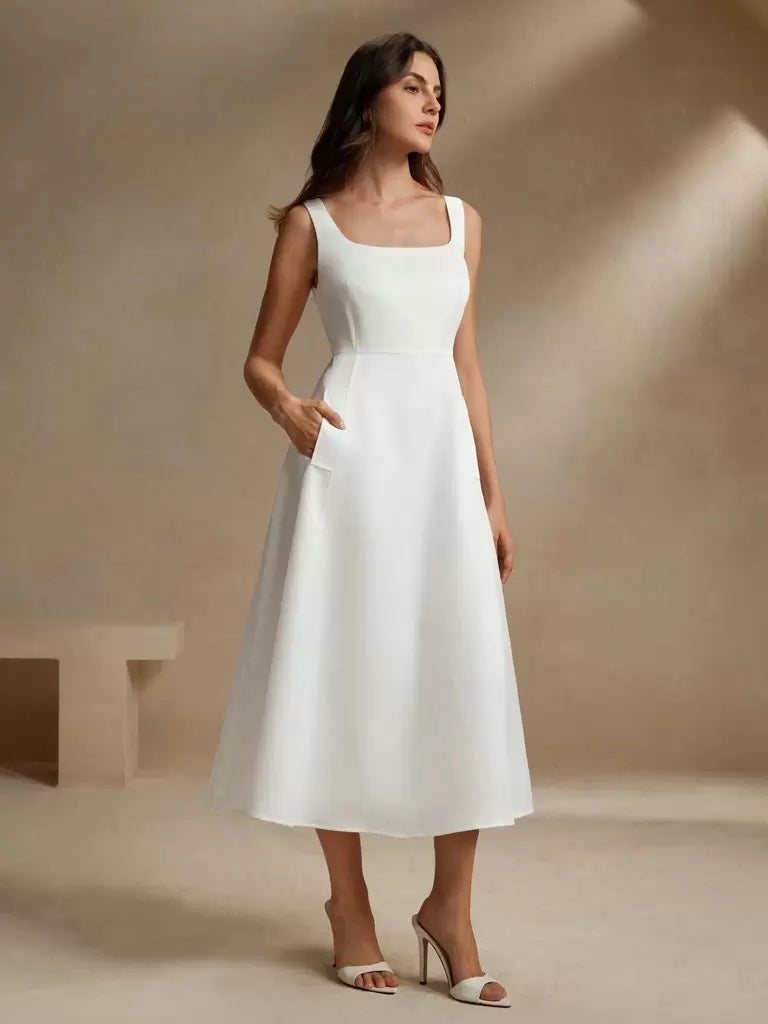 Vestido Midi Estilo Francês Decote Quadrado Branco