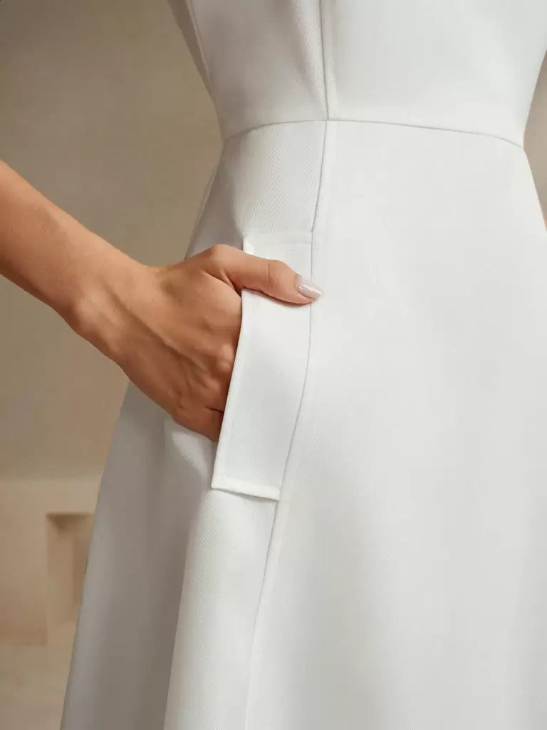 Vestido Midi Estilo Francês Decote Quadrado Branco