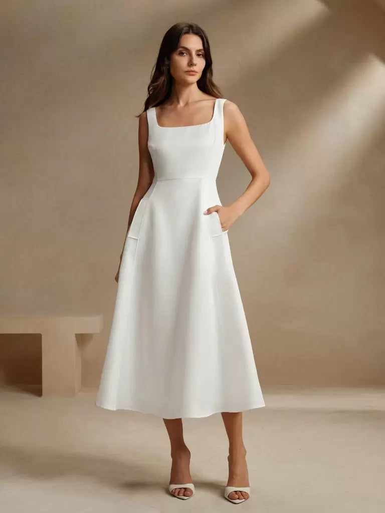 Vestido Midi Estilo Francês Decote Quadrado Branco