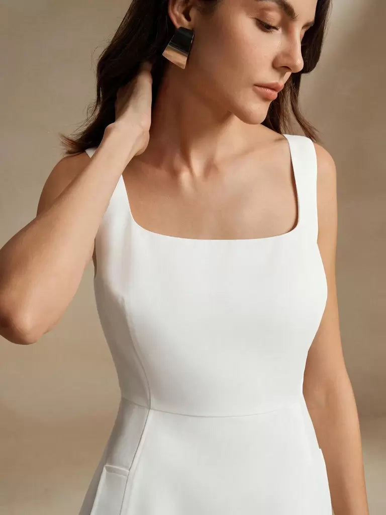 Vestido Midi Estilo Francês Decote Quadrado Branco