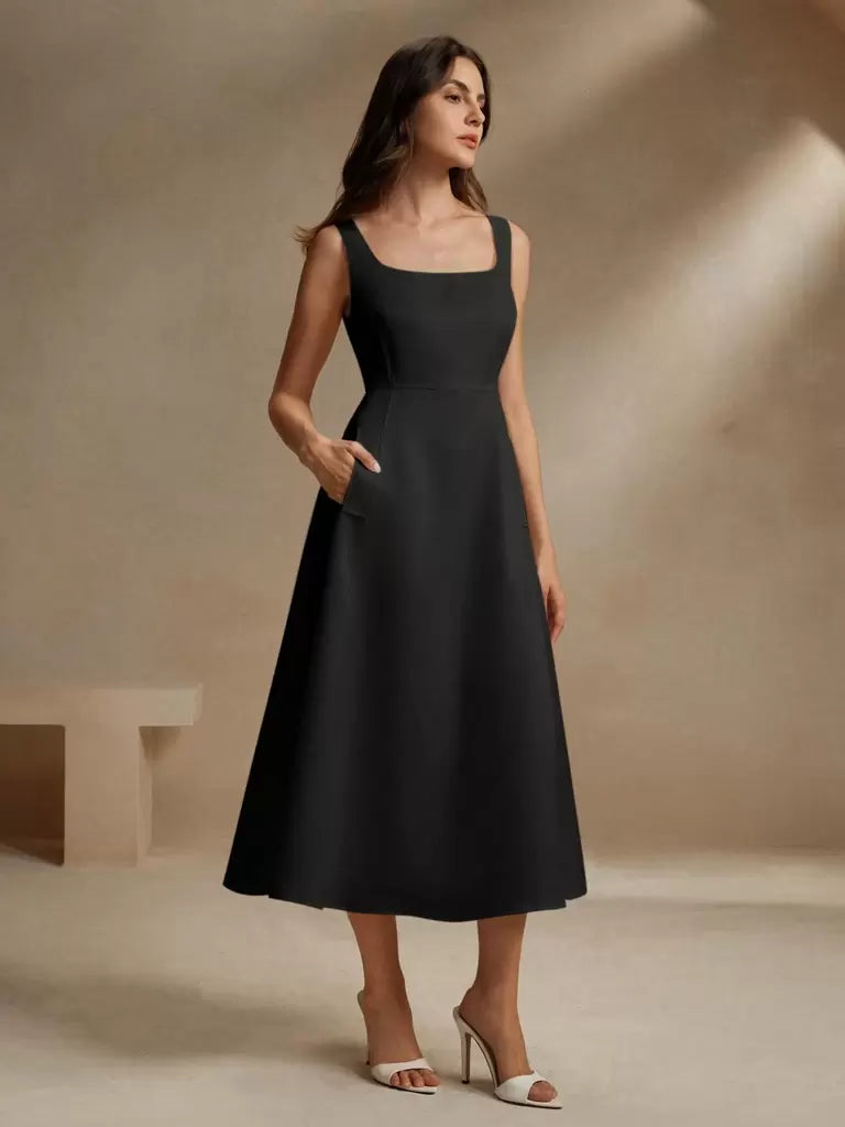 Vestido Midi Estilo Francês Decote Quadrado Preto
