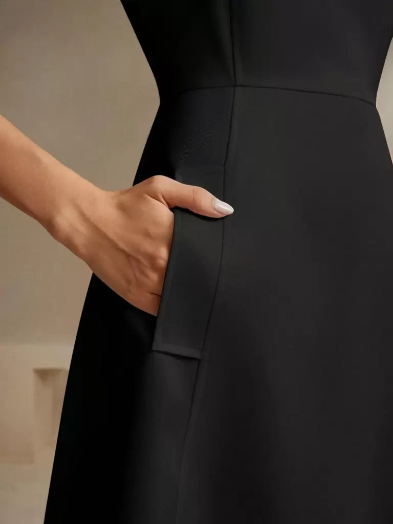 Vestido Midi Estilo Francês Decote Quadrado Preto