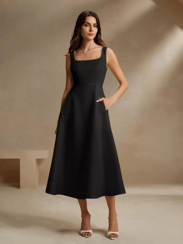 Vestido Midi Estilo Francês Decote Quadrado Preto