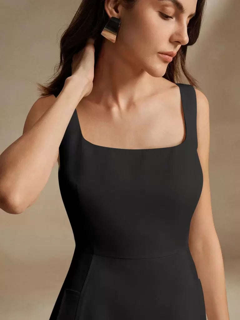 Vestido Midi Estilo Francês Decote Quadrado Preto