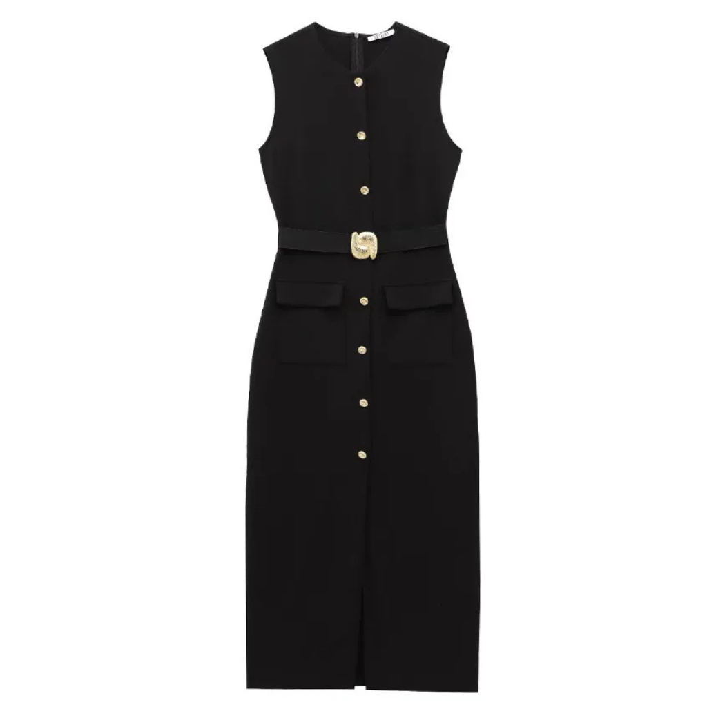Vestido Midi Feminino Gola Redonda com Fenda e Cinto Raquel