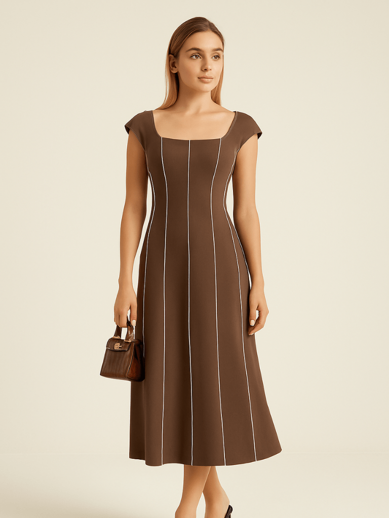 Vestido Midi em Linho Bloco de Cores Marrom Tereza