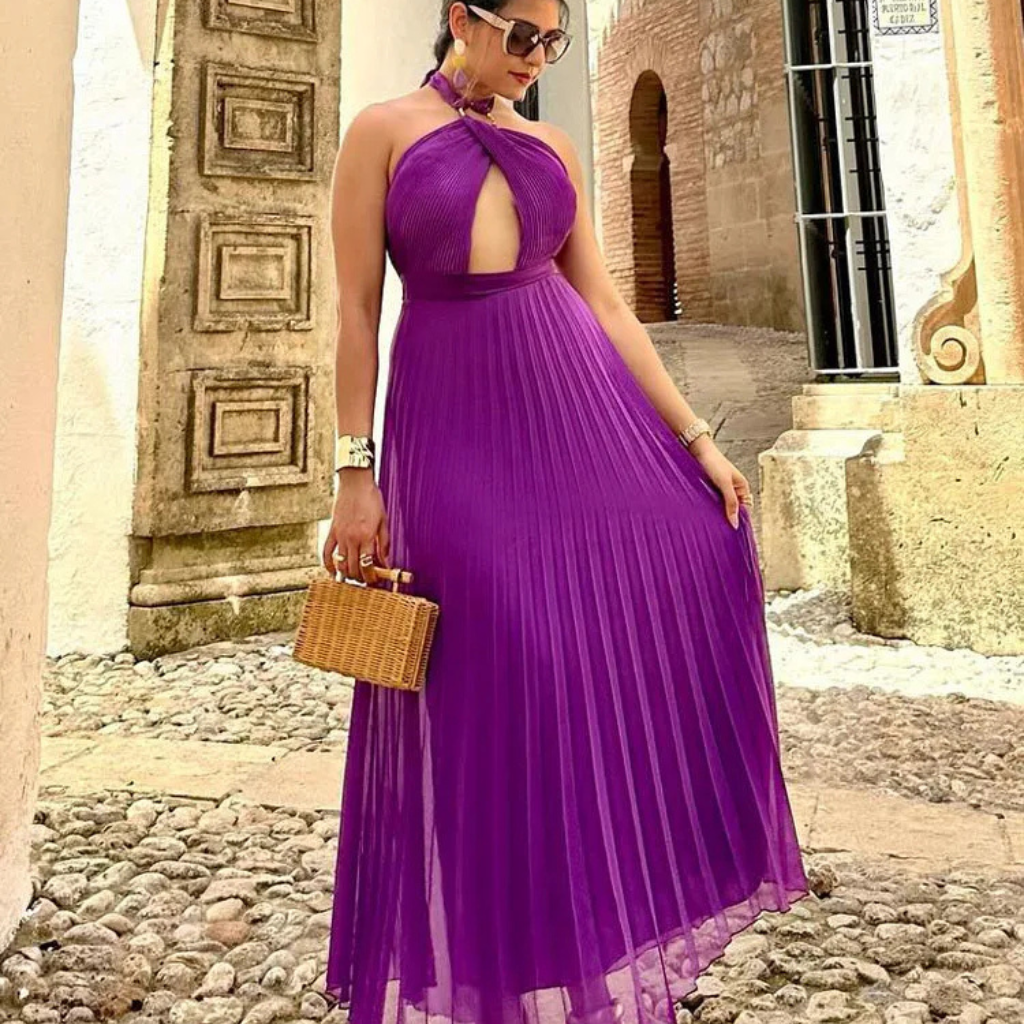 Vestido Plissado Sem Costas Liz Roxo