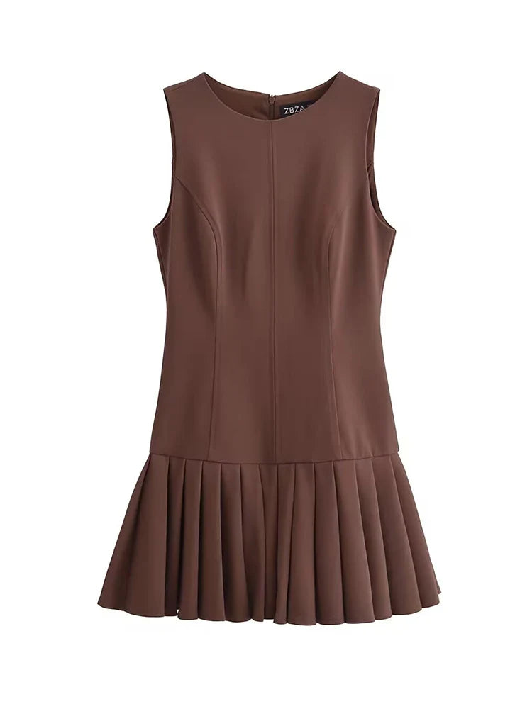 Vestido Plissado Sem Mangas Aurora Serena Marrom