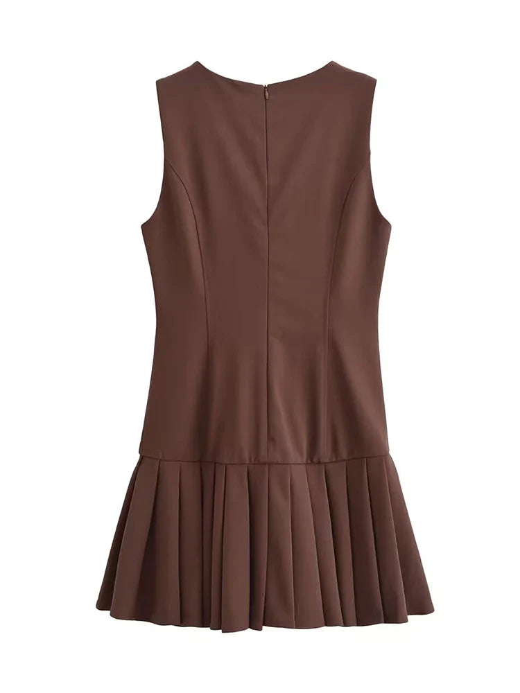 Vestido Plissado Sem Mangas Aurora Serena Marrom