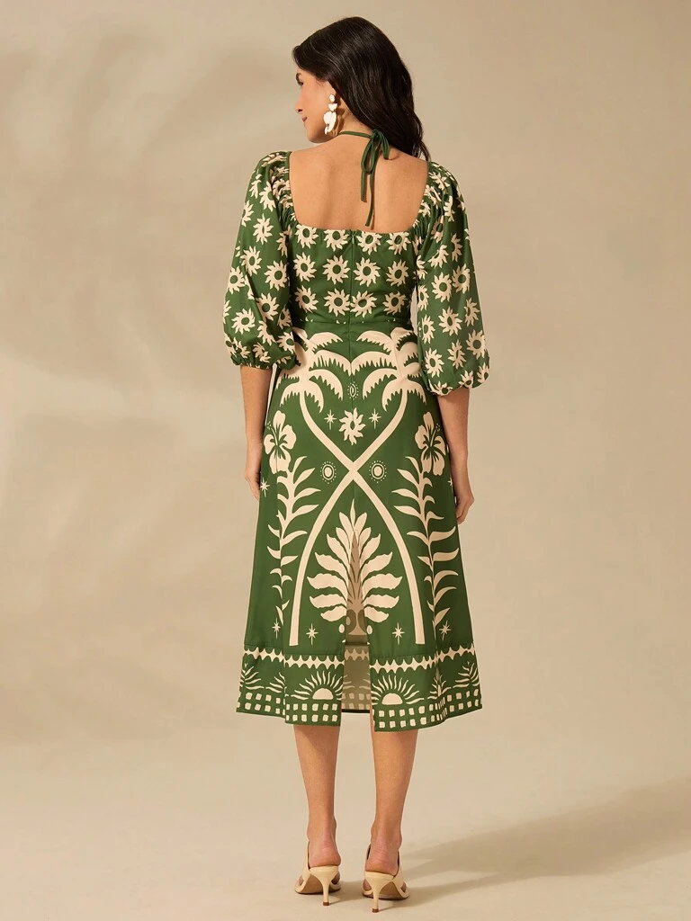 Vestido Curto Manga Bufante Verde Modelo Catarine
