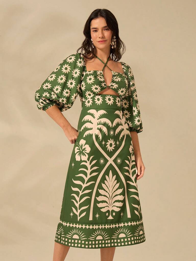 Vestido Curto Manga Bufante Verde Modelo Catarine