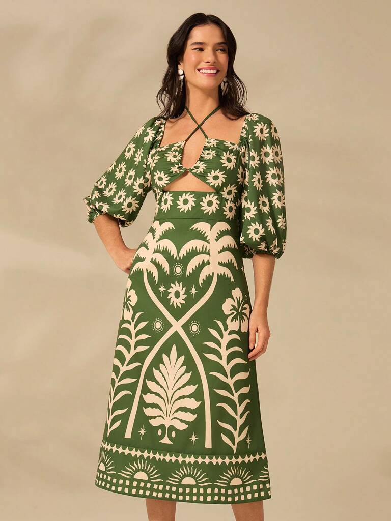 Vestido Curto Manga Bufante Verde Modelo Catarine