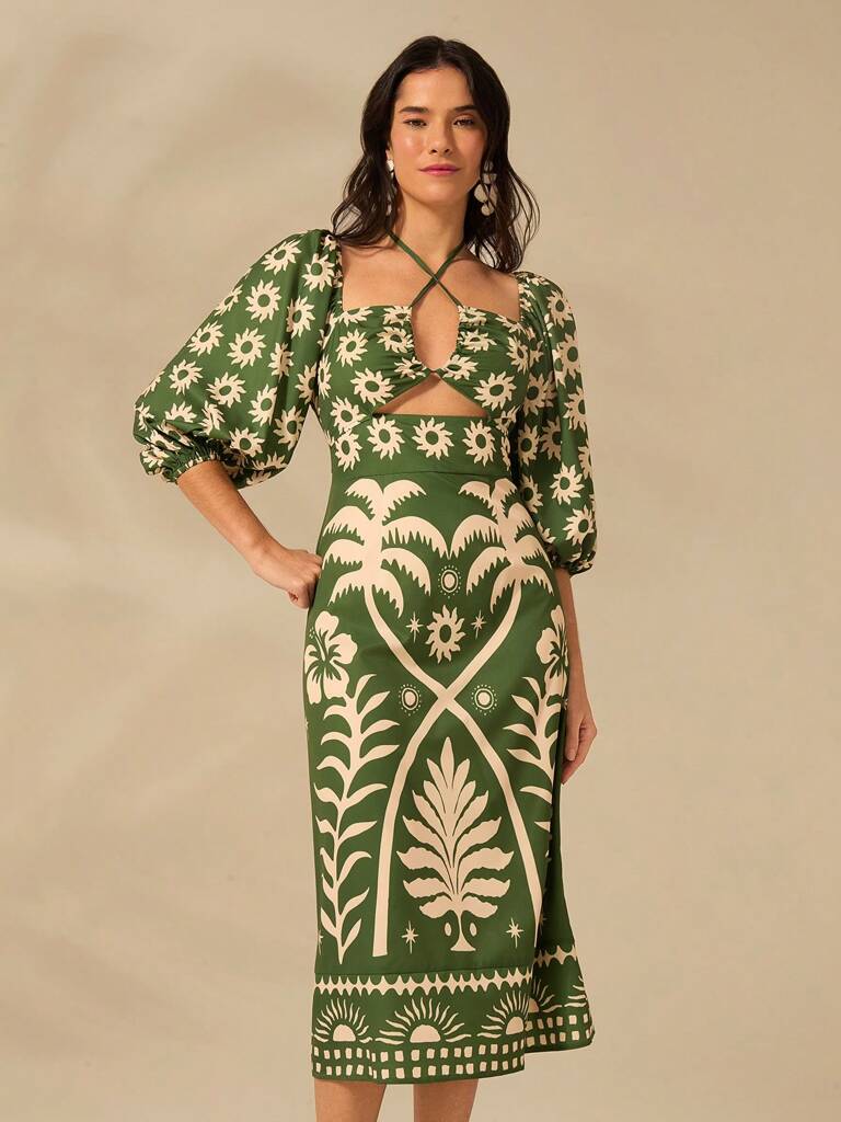 Vestido Curto Manga Bufante Verde Modelo Catarine