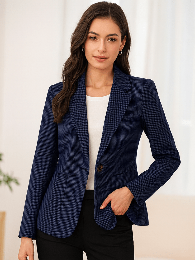 Blazer Feminino Elegante Retrô Gola Longa e Manga Longa Azul Marinho