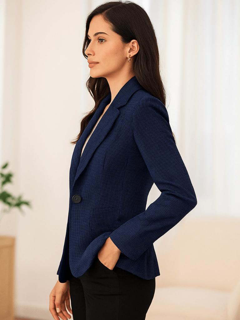 Blazer Feminino Elegante Retrô Gola Longa e Manga Longa Azul Marinho
