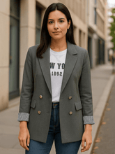 Blazer Feminino Elegante de Dupla Fileira Chumbo