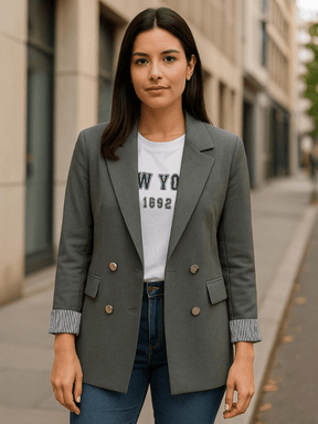 Blazer Feminino Elegante de Dupla Fileira Chumbo