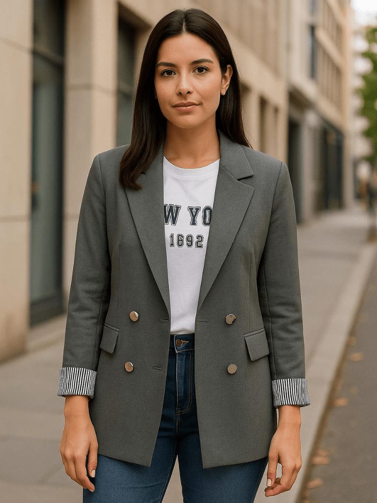 Blazer Feminino Elegante de Dupla Fileira Chumbo