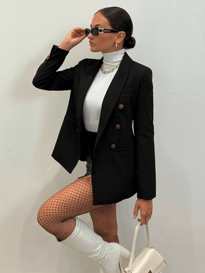 Blazer Feminino Gola de Xale Abotoamento Duplo Preto