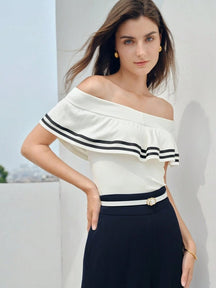 Blusa Feminina Com Babados e Estampa Listrada Branco Rieti