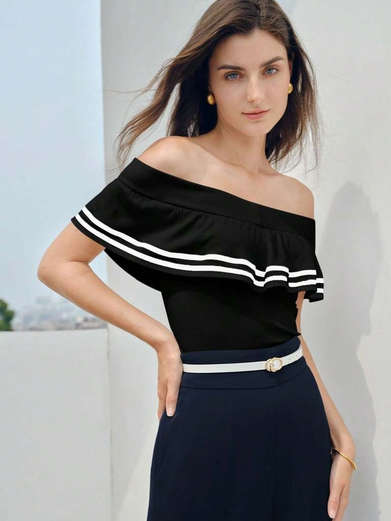 Blusa Feminina Com Babados e Estampa Listrada Preto Rieti