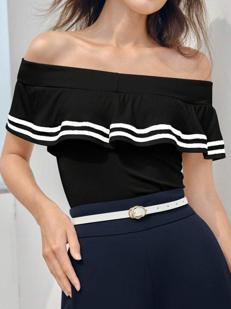 Blusa Feminina Com Babados e Estampa Listrada Preto Rieti