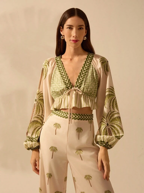 Blusa Feminina Decote em V Manga Bufante Estampa Tropical