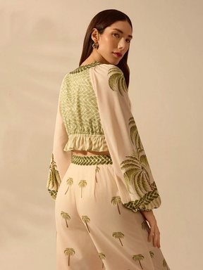Blusa Feminina Decote em V Manga Bufante Estampa Tropical