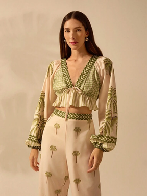 Blusa Feminina Decote em V Manga Bufante Estampa Tropical