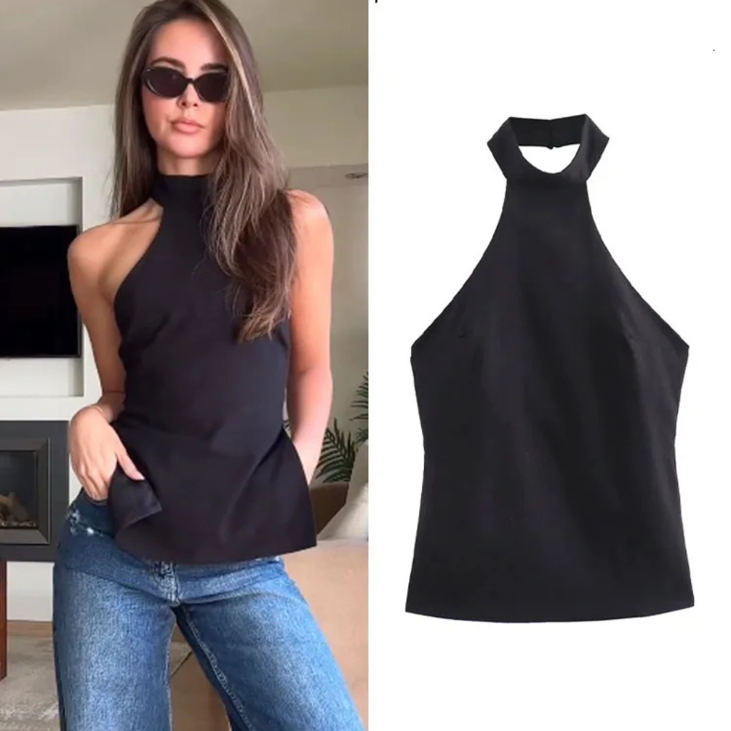 Blusa Feminina Gola Alta Sem Costas Preto Luane