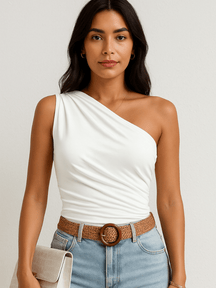 Blusa Feminina Guila Um Ombro Pregueada Branco