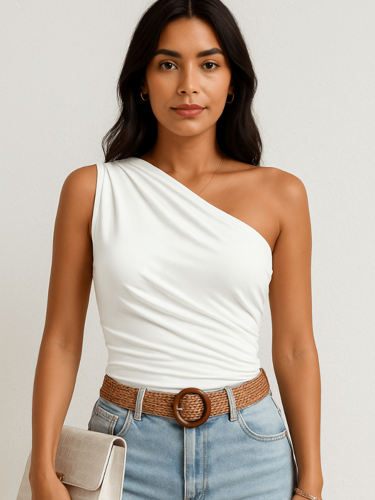Blusa Feminina Guila Um Ombro Pregueada Branco