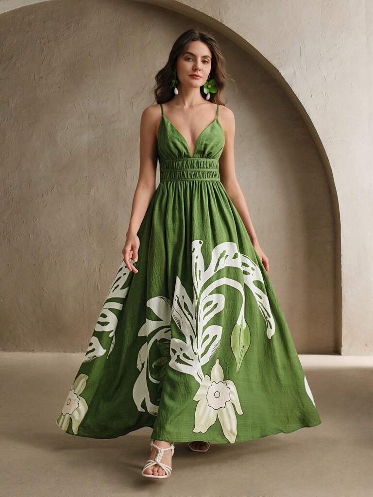 Vestido Longo Estampa Floral Decote em V Verde