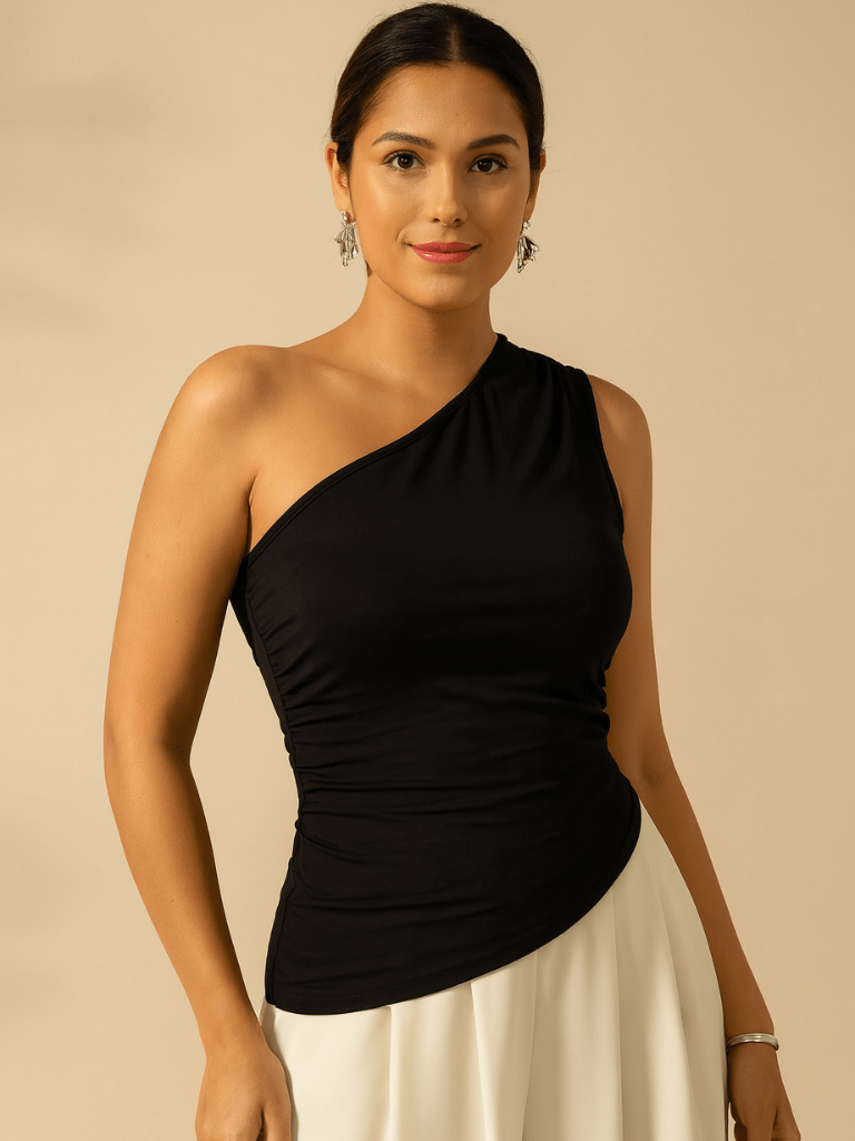 Blusa Feminina Preta Assimétrica de Decote Rebecca