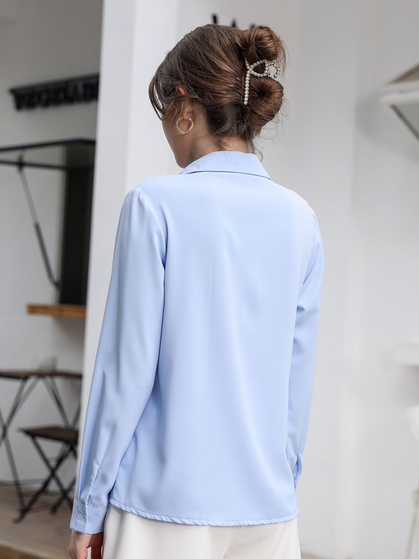 Blusa Feminina Social Manga Longa Azul