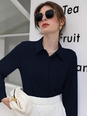 Blusa Feminina Social Manga Longa Azul Marinho