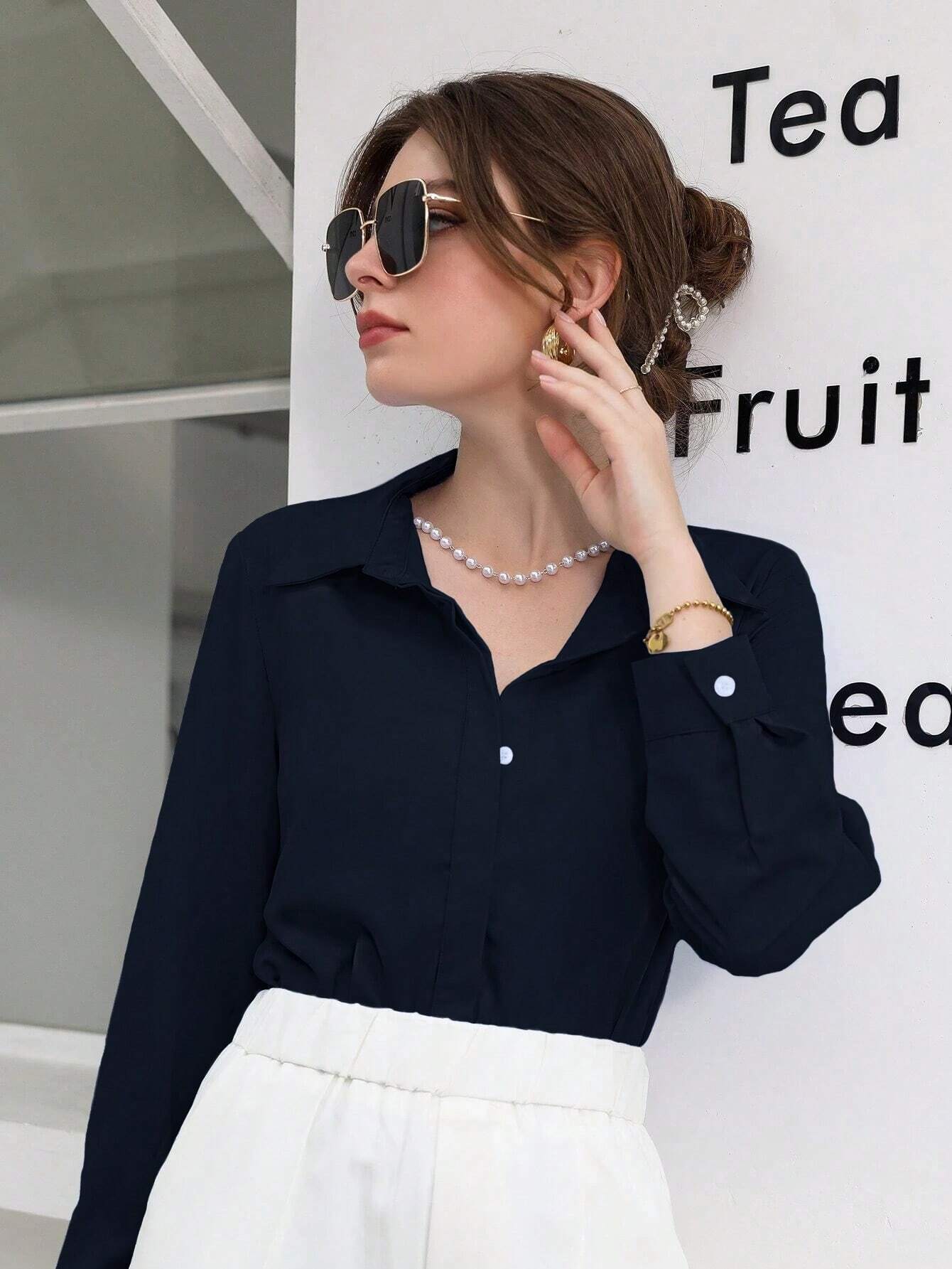 Blusa Feminina Social Manga Longa Azul Marinho