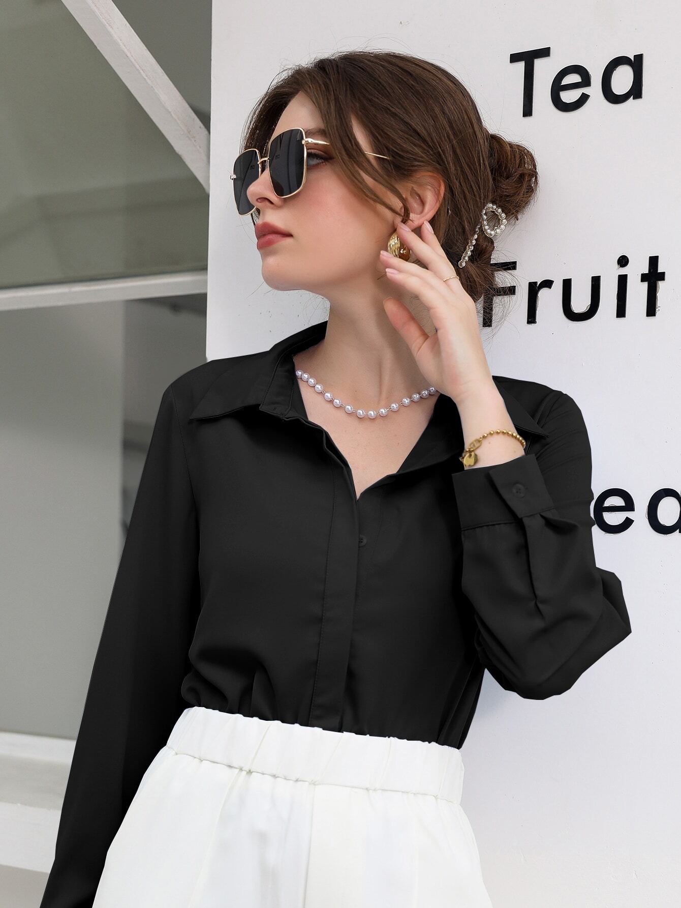 Blusa Feminina Social Manga Longa Preto
