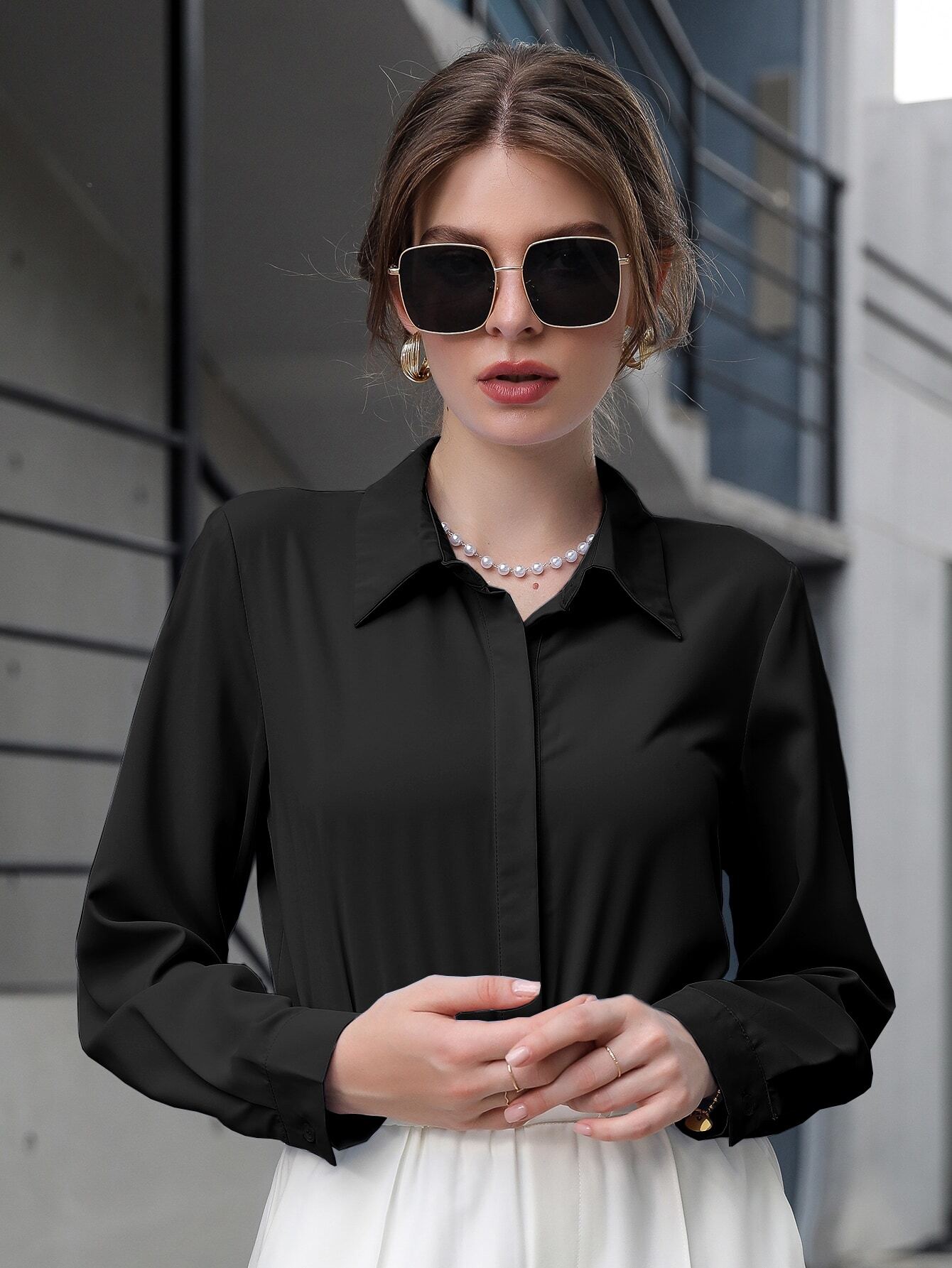 Blusa Feminina Social Manga Longa Preto