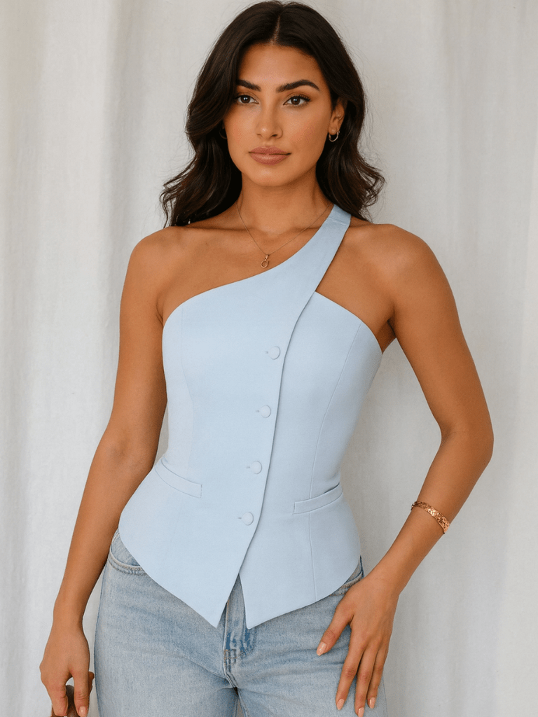 Blusa Feminina Thaís Modelo Alfaiataria Ombro Único Azul