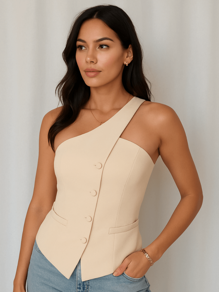 Blusa Feminina Thaís Modelo Alfaiataria Ombro Único Damasco