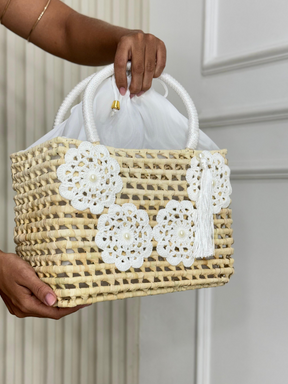 Bolsa de Palha Cesto Grande Flores em Crochê Celestita