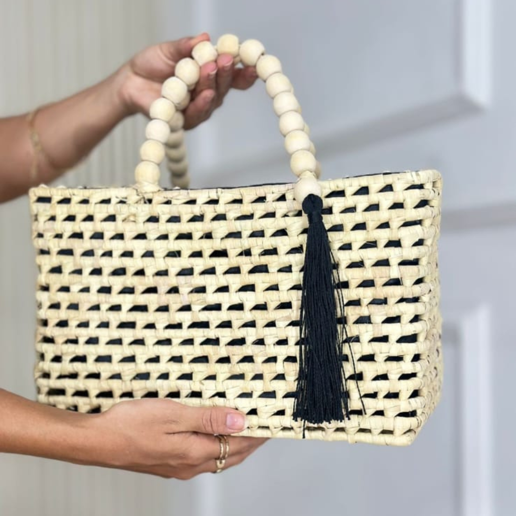 Bolsa de Palha Grande Alça de Madeira Modelo Mangano
