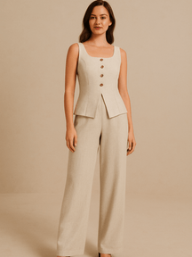 Conjunto Feminino no Linho Calça e Colete Cáqui
