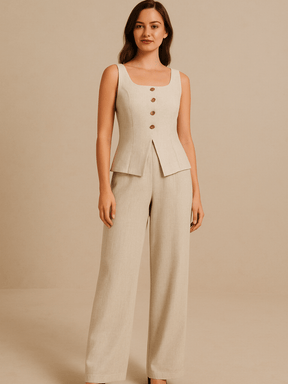 Conjunto Feminino no Linho Calça e Colete Cáqui