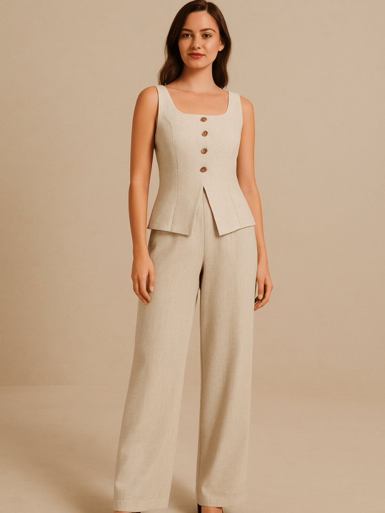 Conjunto Feminino no Linho Calça e Colete Cáqui