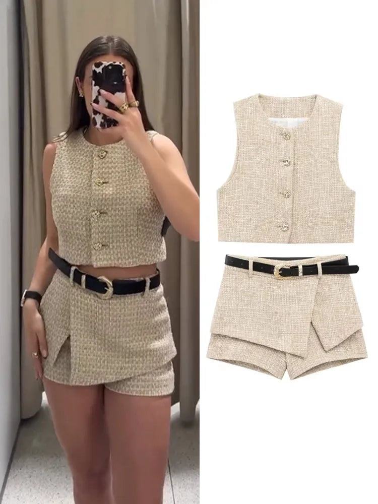Conjunto Feminino 2 Peças com Cinto Cáqui Claro