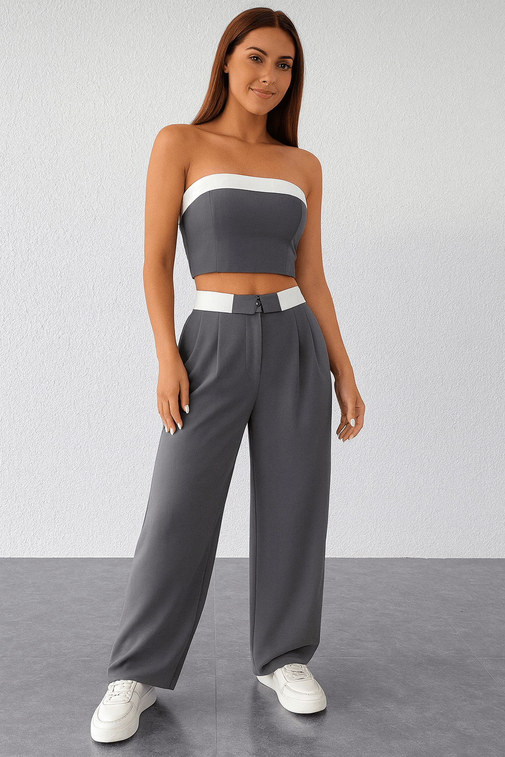 Conjunto Feminino Calça Pantalona e Cropped Helena Cinza