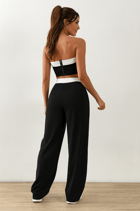 Conjunto Feminino Calça Pantalona e Cropped Helena Preto